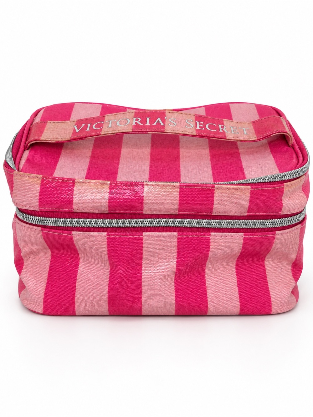 Victoria’s Secret Vintage Pink Stripe Train Case Makeup Bag VS Charm